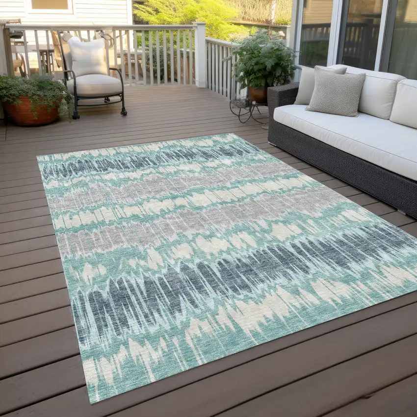 Teal Blue Aqua And Silver Striped Washable Indoor Outdoor Area Rug Photo 8