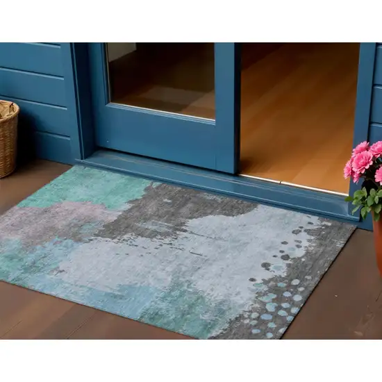 Teal Blue Aqua And Taupe Abstract Washable Indoor Outdoor Area Rug Photo 2