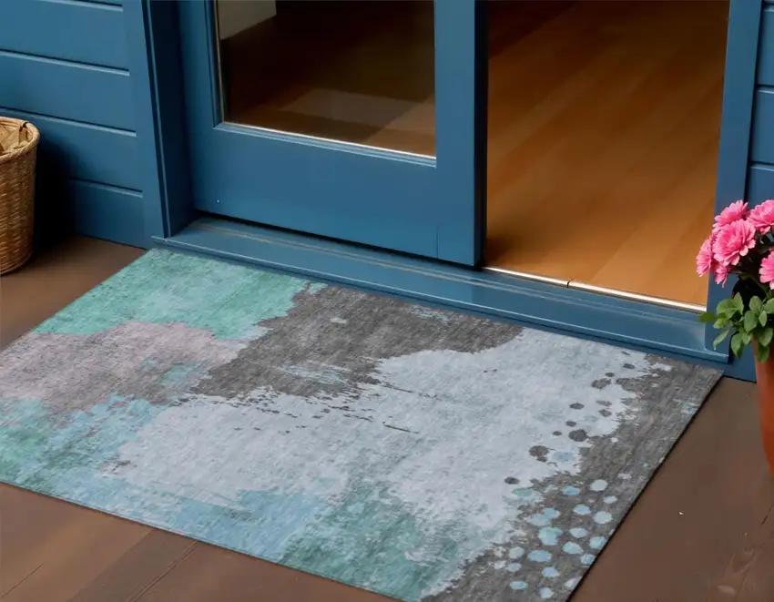 Teal Blue Aqua And Taupe Abstract Washable Indoor Outdoor Area Rug Photo 2