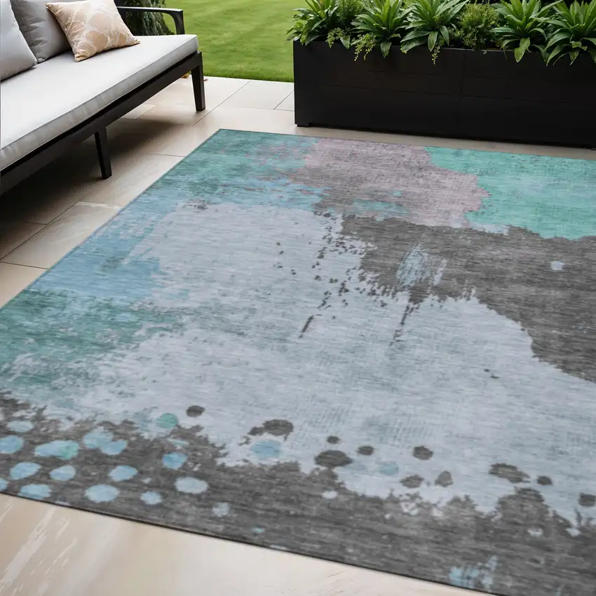 Teal Blue Aqua And Taupe Abstract Washable Indoor Outdoor Area Rug Photo 2