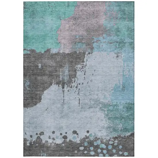 Teal Blue Aqua And Taupe Abstract Washable Indoor Outdoor Area Rug Photo 9