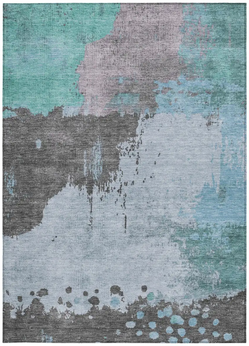 Teal Blue Aqua And Taupe Abstract Washable Indoor Outdoor Area Rug Photo 9