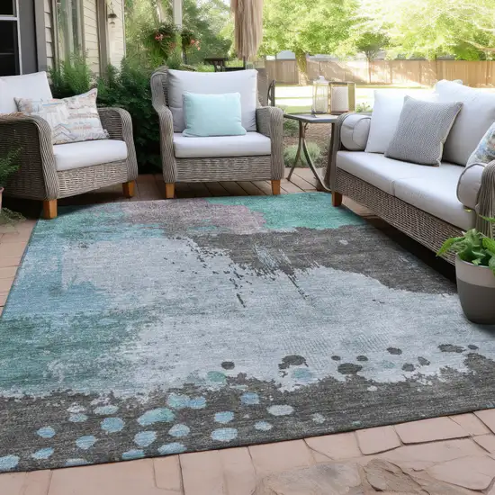Teal Blue Aqua And Taupe Abstract Washable Indoor Outdoor Area Rug Photo 5