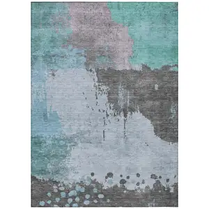 Photo of Teal Blue Aqua And Taupe Abstract Washable Indoor Outdoor Area Rug