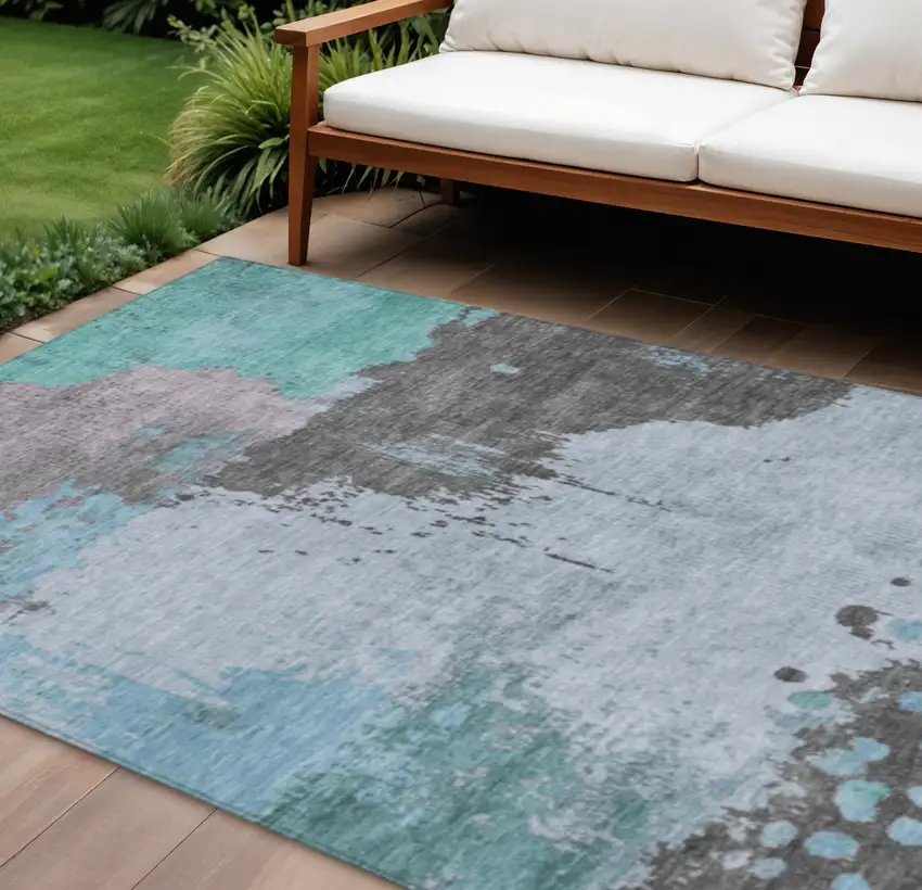 Teal Blue Aqua And Taupe Abstract Washable Indoor Outdoor Area Rug Photo 2