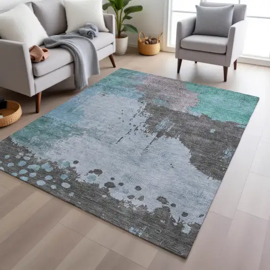 Teal Blue Aqua And Taupe Abstract Washable Indoor Outdoor Area Rug Photo 5