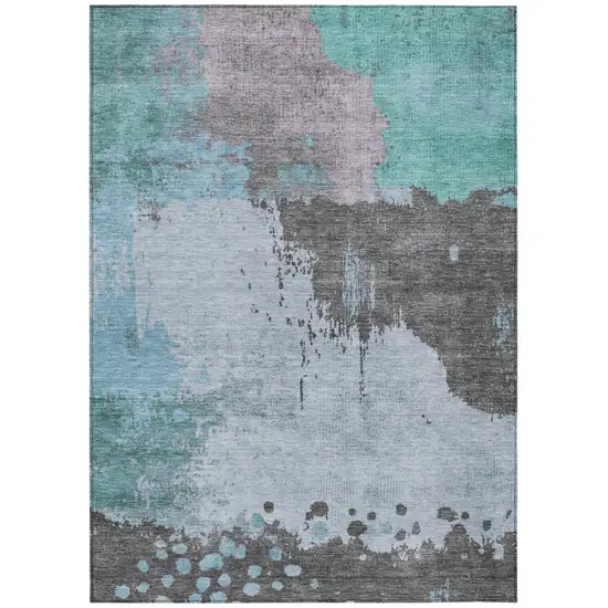 Teal Blue Aqua And Taupe Abstract Washable Indoor Outdoor Area Rug Photo 1