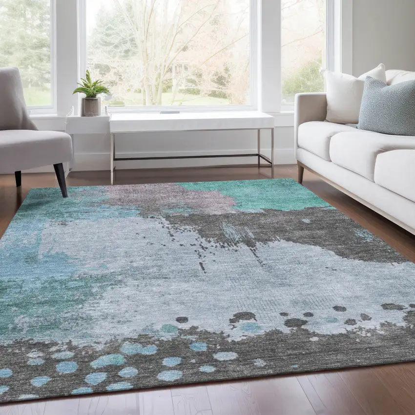 Teal Blue Aqua And Taupe Abstract Washable Indoor Outdoor Area Rug Photo 6