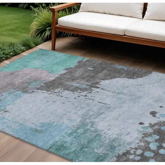 Teal Blue Aqua And Taupe Abstract Washable Indoor Outdoor Area Rug Photo 2
