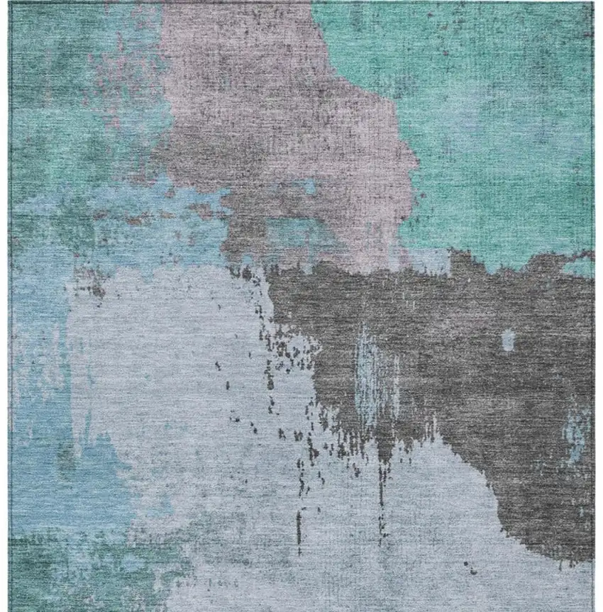 Teal Blue Aqua And Taupe Abstract Washable Indoor Outdoor Area Rug Photo 3