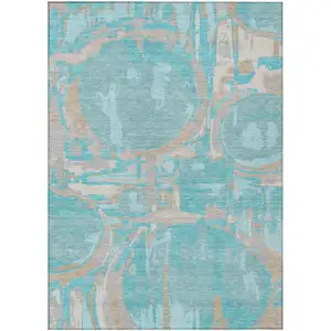 Photo of Teal Blue Aqua And Taupe Geometric Washable Indoor Outdoor Area Rug
