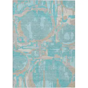 Photo of Teal Blue Aqua And Taupe Geometric Washable Indoor Outdoor Area Rug