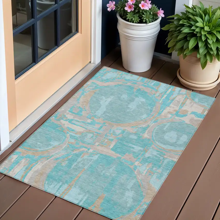 Teal Blue Aqua And Taupe Geometric Washable Indoor Outdoor Area Rug Photo 2