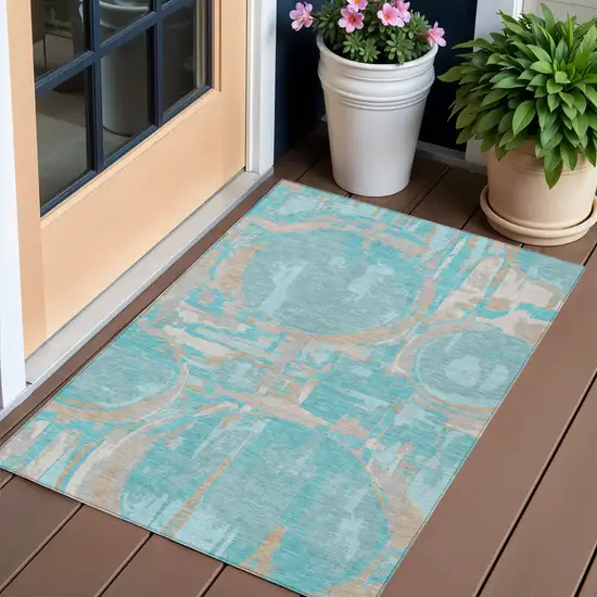 Teal Blue Aqua And Taupe Geometric Washable Indoor Outdoor Area Rug Photo 2