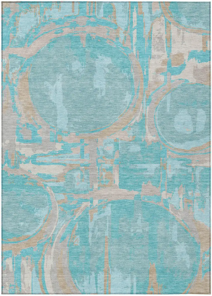 Teal Blue Aqua And Taupe Geometric Washable Indoor Outdoor Area Rug Photo 2