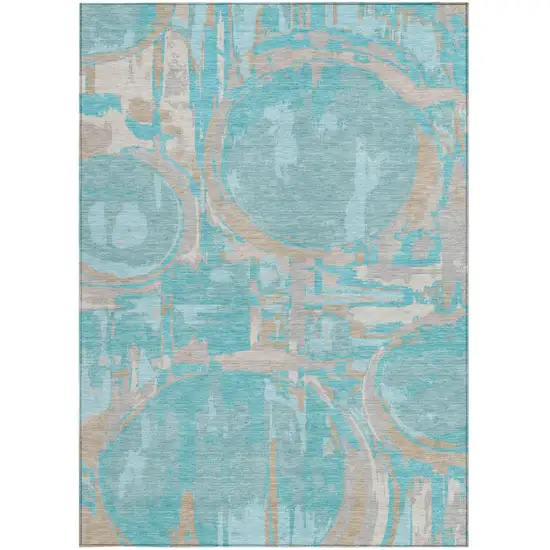 Teal Blue Aqua And Taupe Geometric Washable Indoor Outdoor Area Rug Photo 8