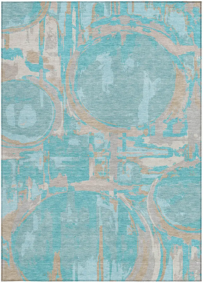 Teal Blue Aqua And Taupe Geometric Washable Indoor Outdoor Area Rug Photo 8