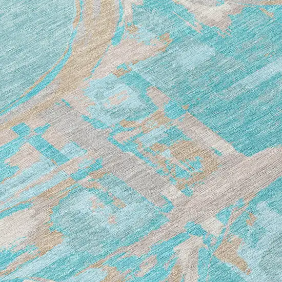 Teal Blue Aqua And Taupe Geometric Washable Indoor Outdoor Area Rug Photo 6