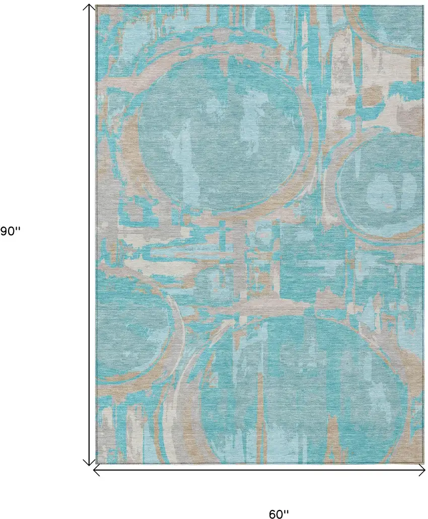 Teal Blue Aqua And Taupe Geometric Washable Indoor Outdoor Area Rug Photo 3
