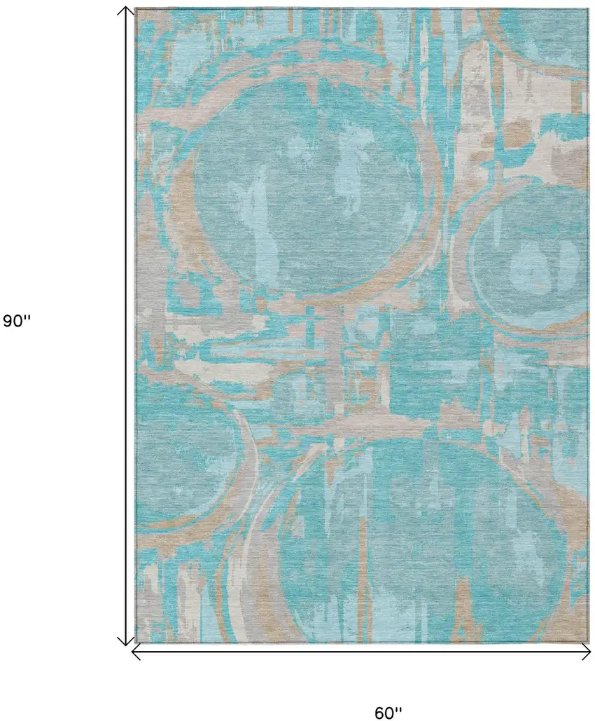 Teal Blue Aqua And Taupe Geometric Washable Indoor Outdoor Area Rug Photo 3