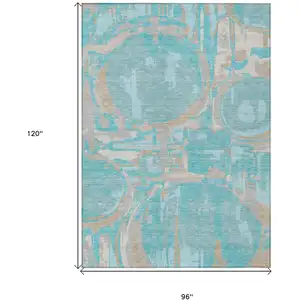 Photo of Teal Blue Aqua And Taupe Geometric Washable Indoor Outdoor Area Rug