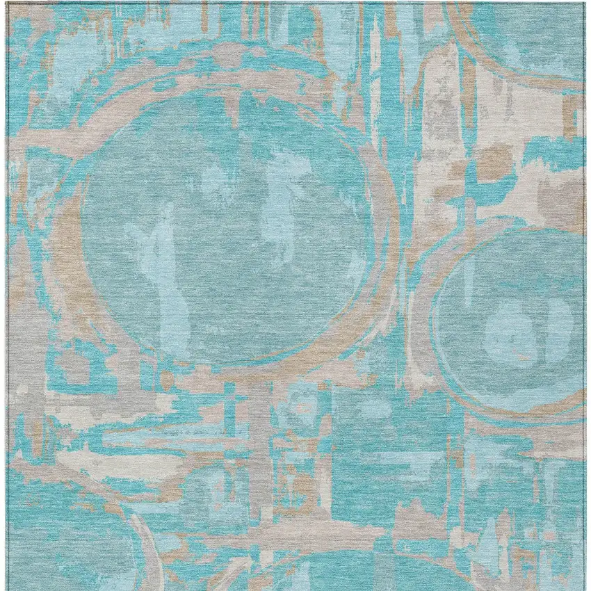 Teal Blue Aqua And Taupe Geometric Washable Indoor Outdoor Area Rug Photo 7