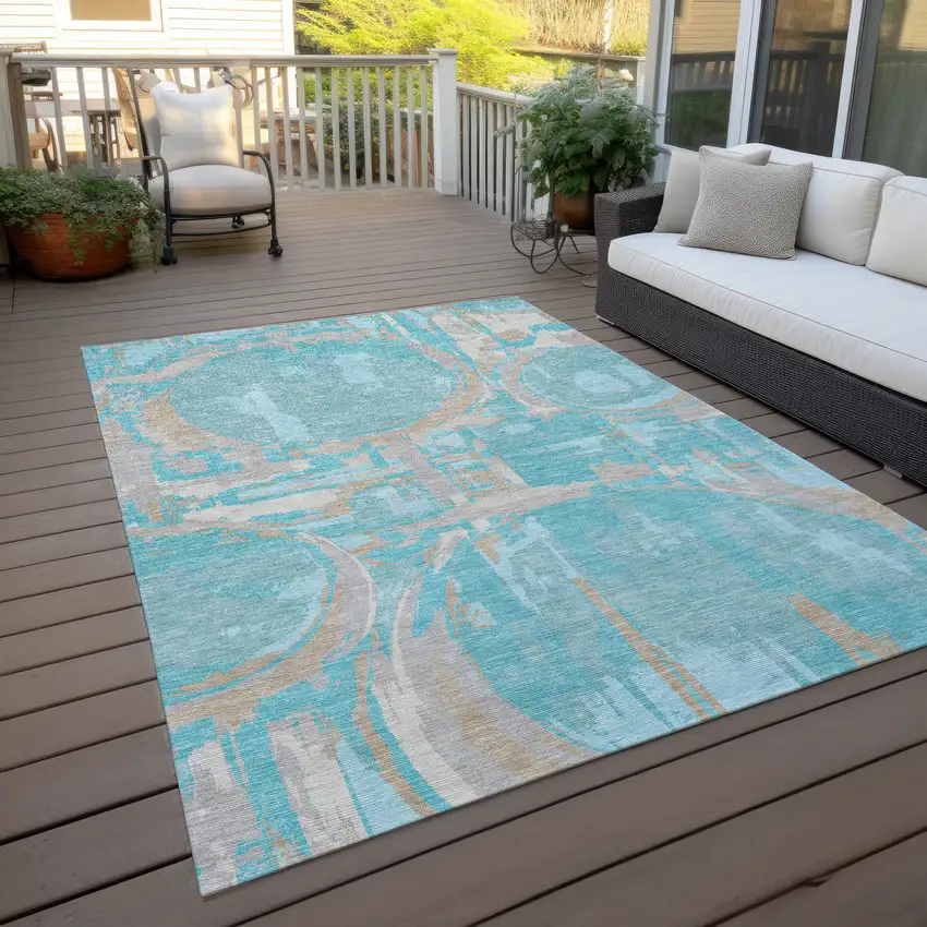 Teal Blue Aqua And Taupe Geometric Washable Indoor Outdoor Area Rug Photo 9