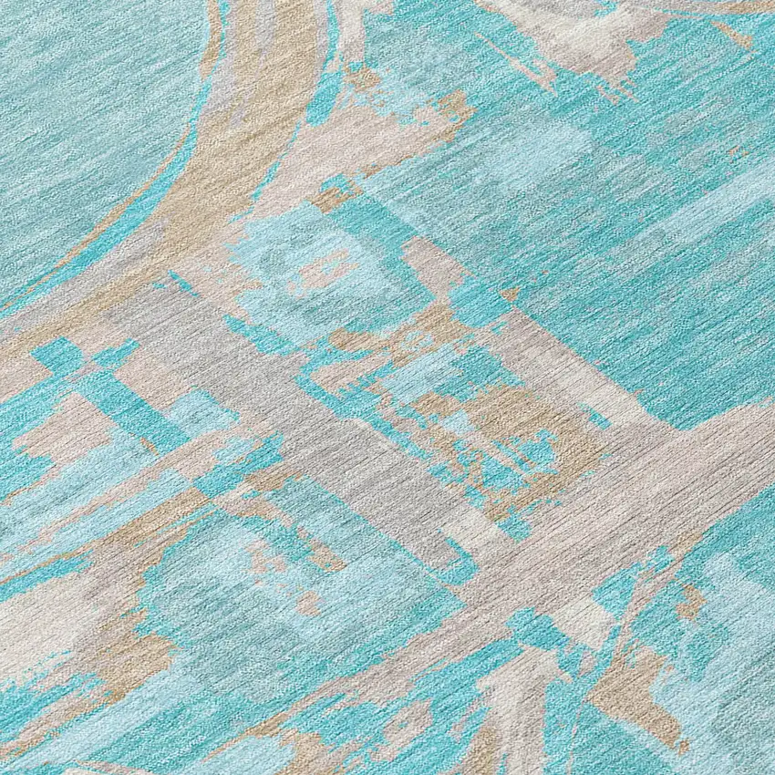 Teal Blue Aqua And Taupe Geometric Washable Indoor Outdoor Area Rug Photo 6