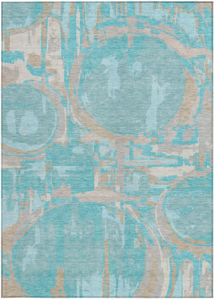 Teal Blue Aqua And Taupe Geometric Washable Indoor Outdoor Area Rug Photo 8