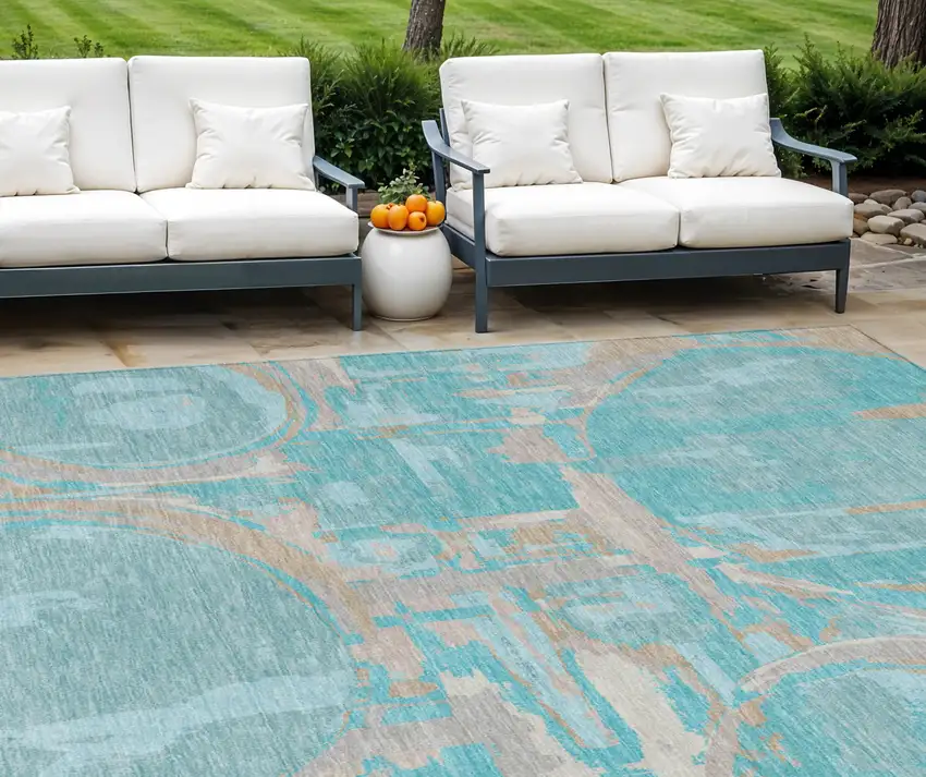 Teal Blue Aqua And Taupe Geometric Washable Indoor Outdoor Area Rug Photo 1