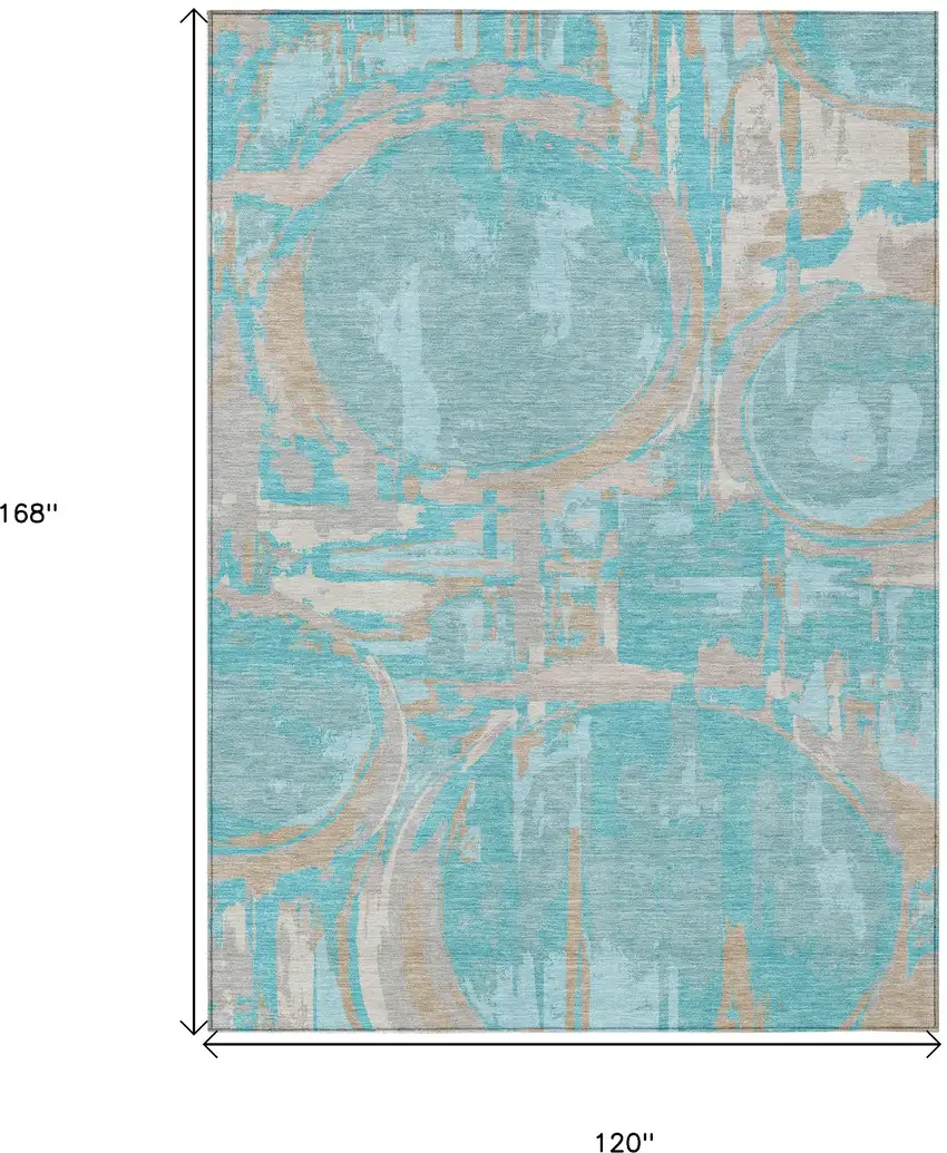 Teal Blue Aqua And Taupe Geometric Washable Indoor Outdoor Area Rug Photo 3