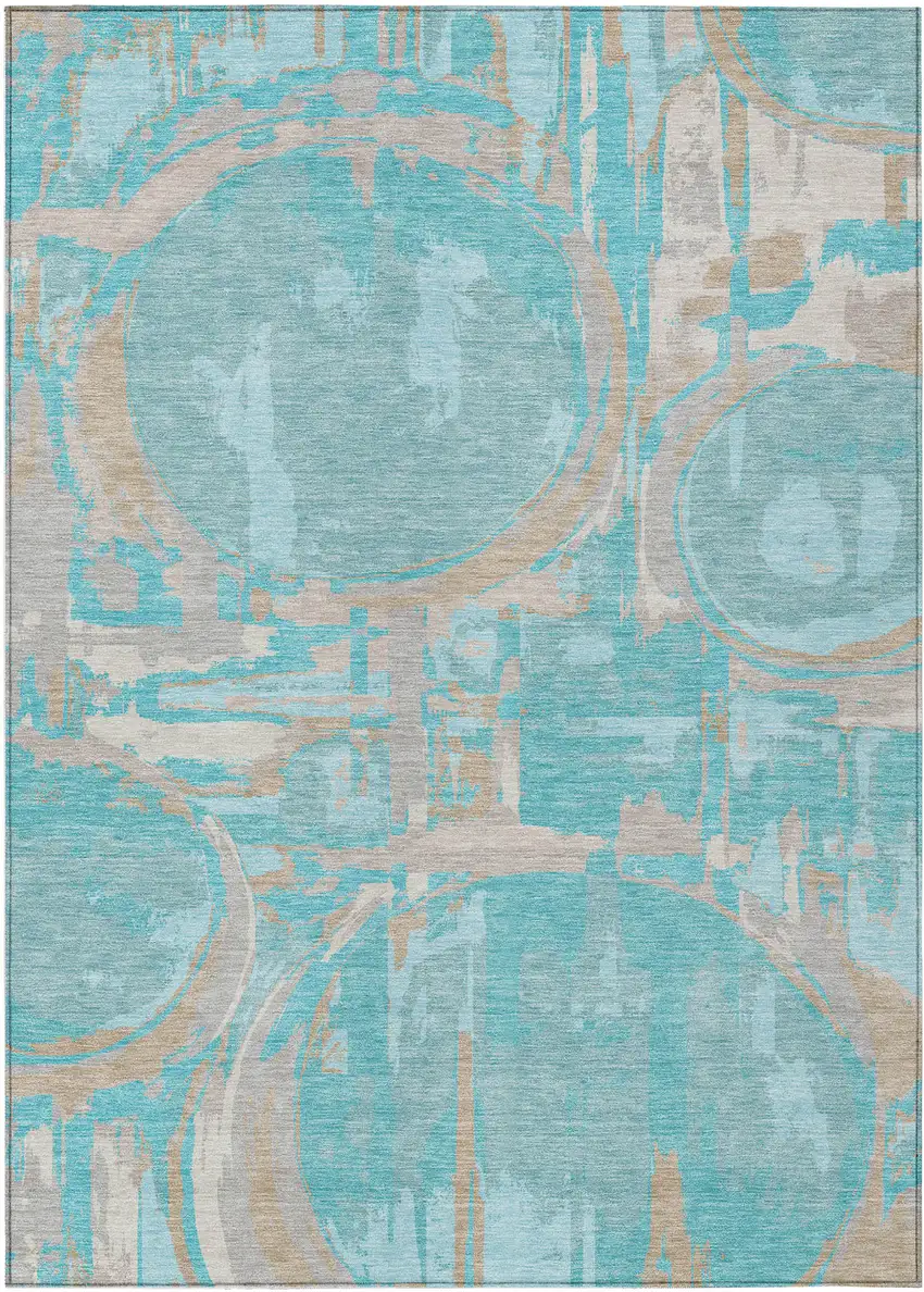 Teal Blue Aqua And Taupe Geometric Washable Indoor Outdoor Area Rug Photo 2