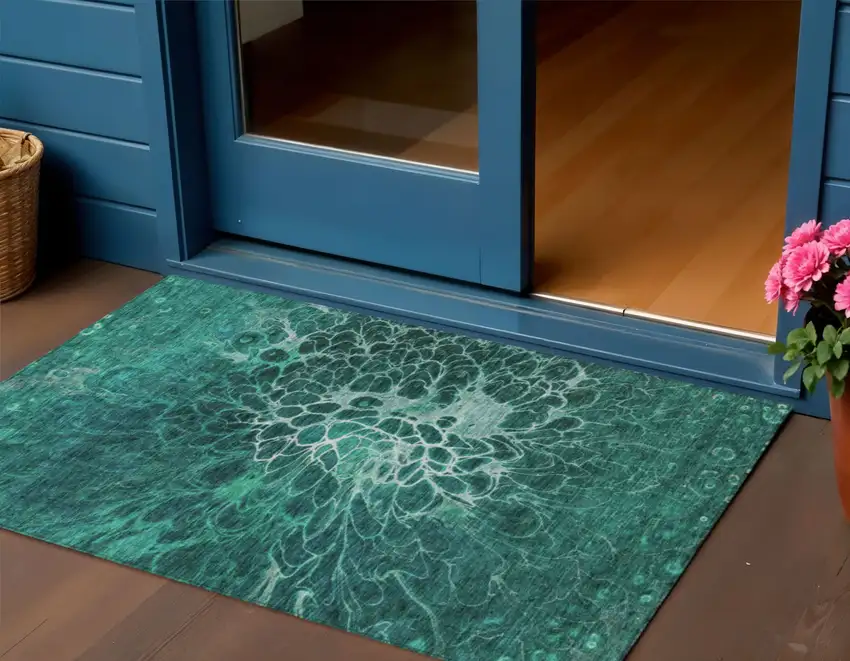 Teal Blue Aqua And Turquoise Abstract Washable Indoor Outdoor Area Rug Photo 1
