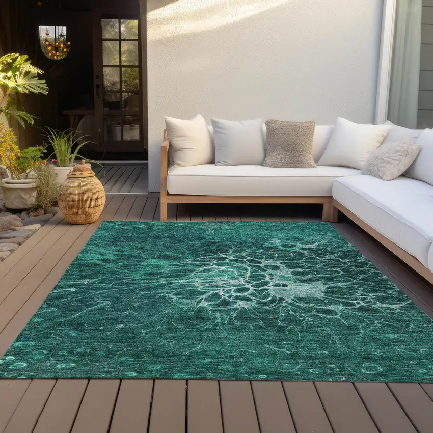 Teal Blue Aqua And Turquoise Abstract Washable Indoor Outdoor Area Rug Photo 8