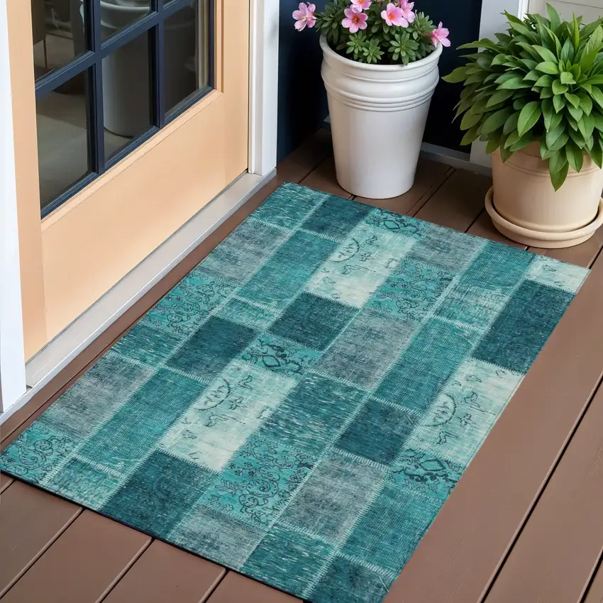 Teal Blue Aqua And Turquoise Patchwork Washable Indoor Outdoor Area Rug Photo 1