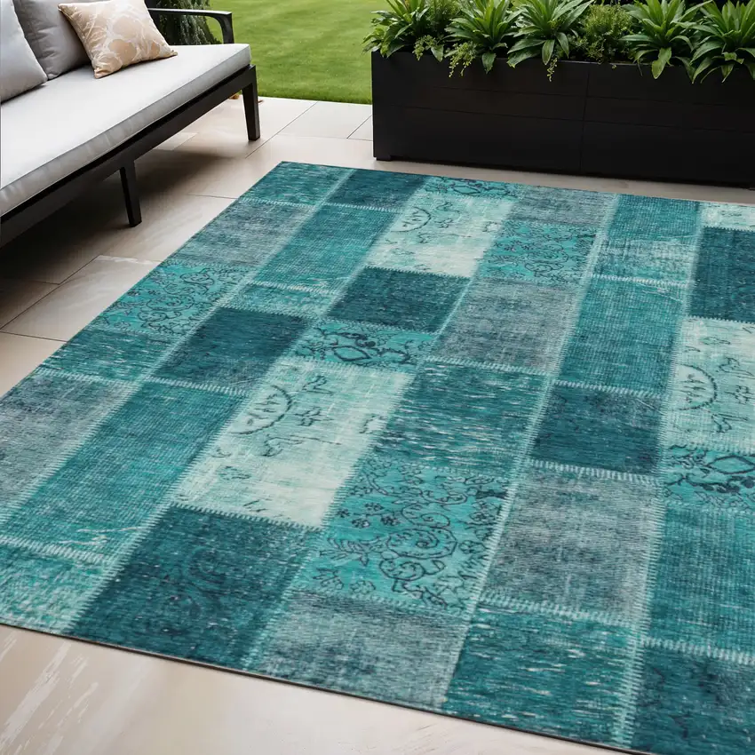 Teal Blue Aqua And Turquoise Patchwork Washable Indoor Outdoor Area Rug Photo 1