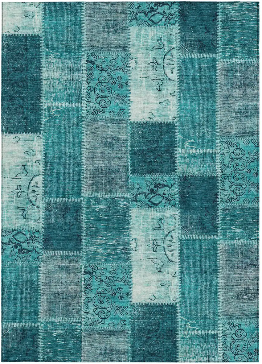 Teal Blue Aqua And Turquoise Patchwork Washable Indoor Outdoor Area Rug Photo 6