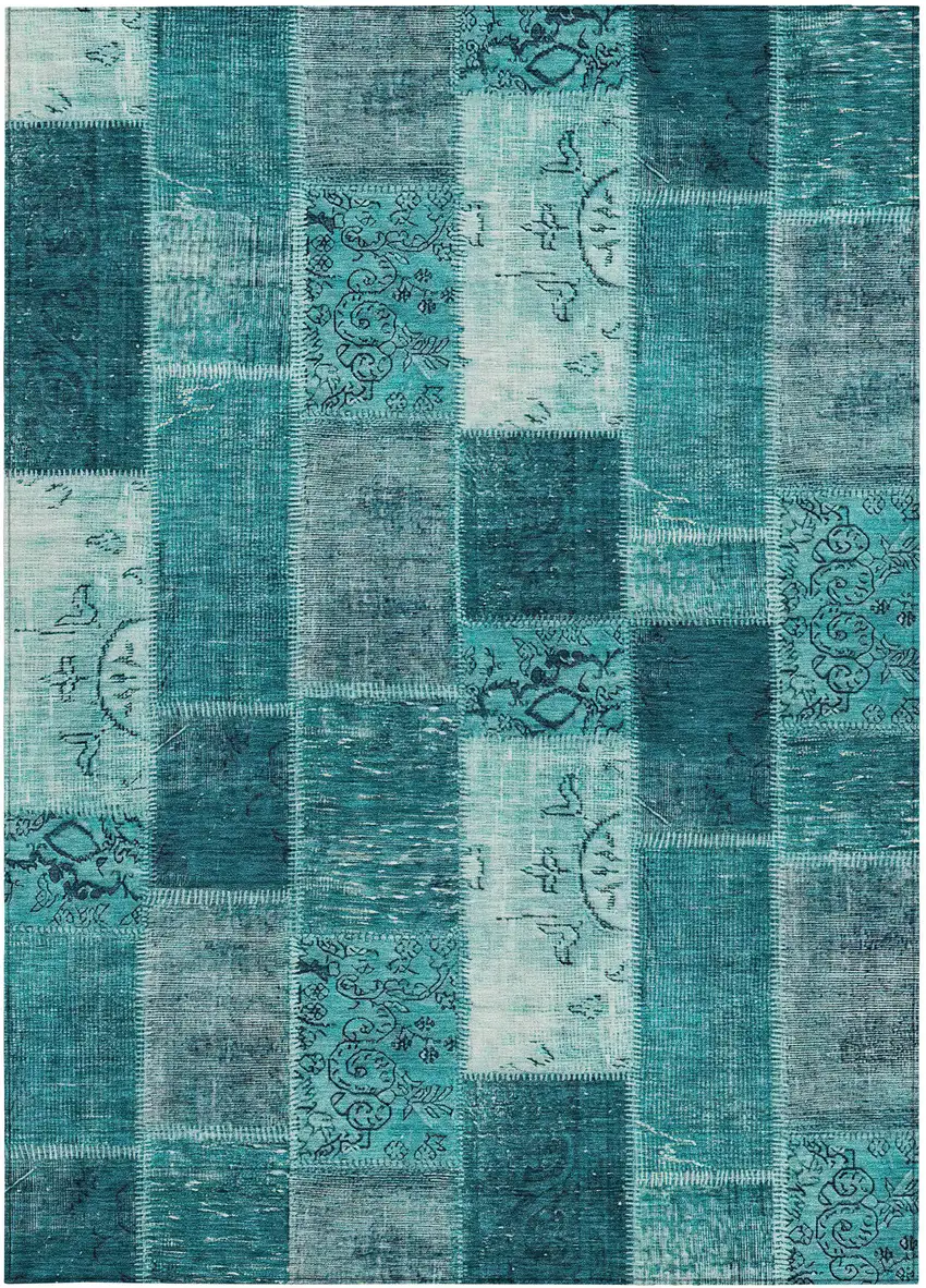 Teal Blue Aqua And Turquoise Patchwork Washable Indoor Outdoor Area Rug Photo 6