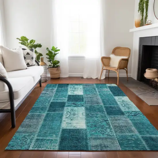 Teal Blue Aqua And Turquoise Patchwork Washable Indoor Outdoor Area Rug Photo 8