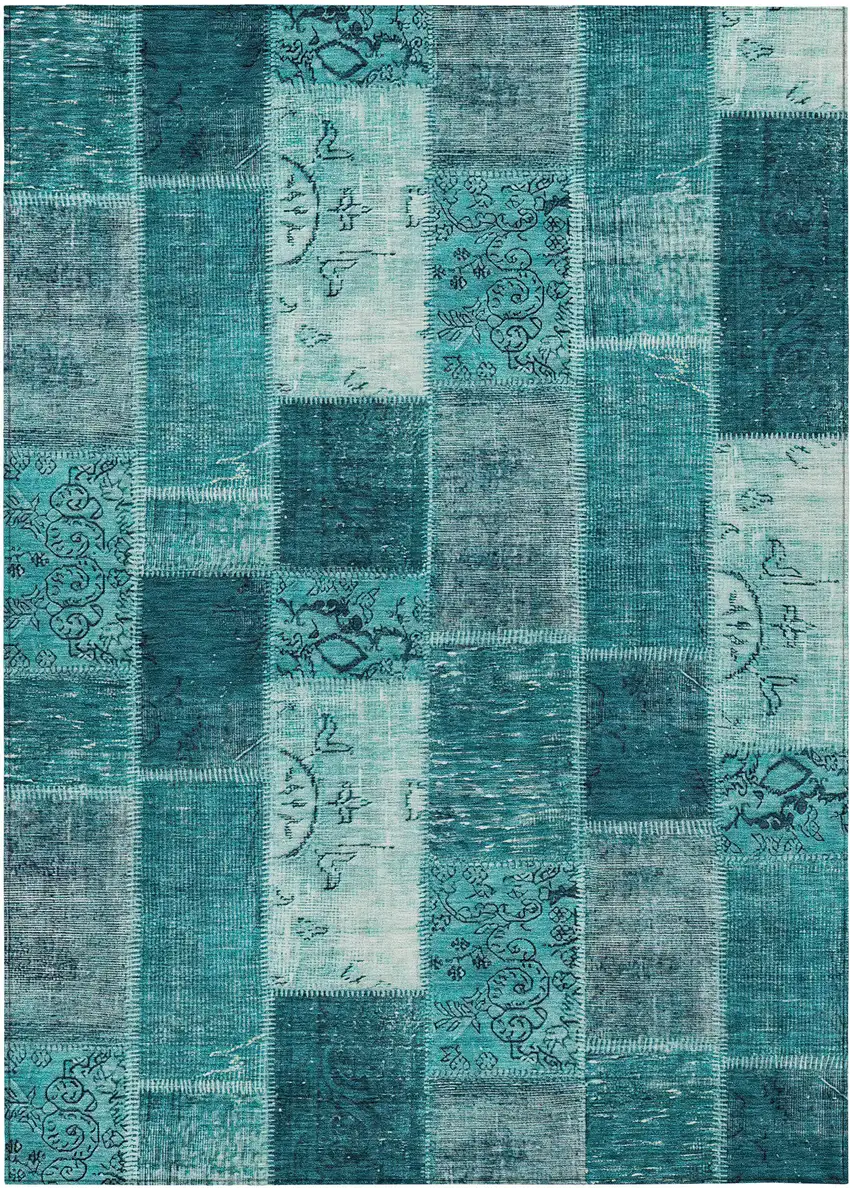 Teal Blue Aqua And Turquoise Patchwork Washable Indoor Outdoor Area Rug Photo 1