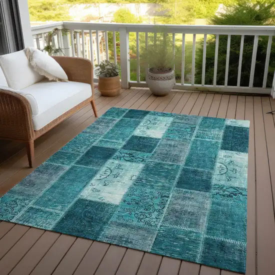 Teal Blue Aqua And Turquoise Patchwork Washable Indoor Outdoor Area Rug Photo 6