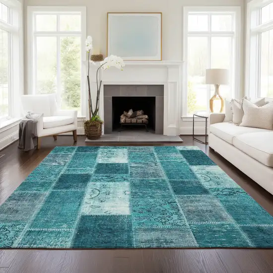 Teal Blue Aqua And Turquoise Patchwork Washable Indoor Outdoor Area Rug Photo 7