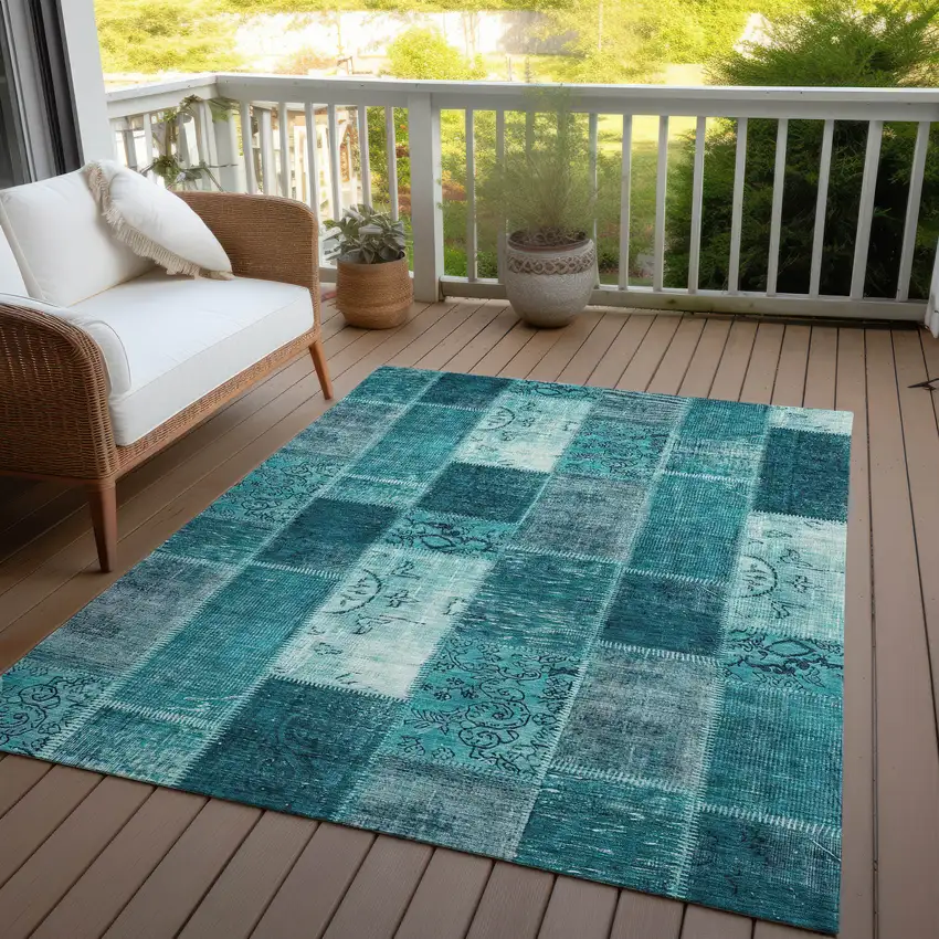 Teal Blue Aqua And Turquoise Patchwork Washable Indoor Outdoor Area Rug Photo 9