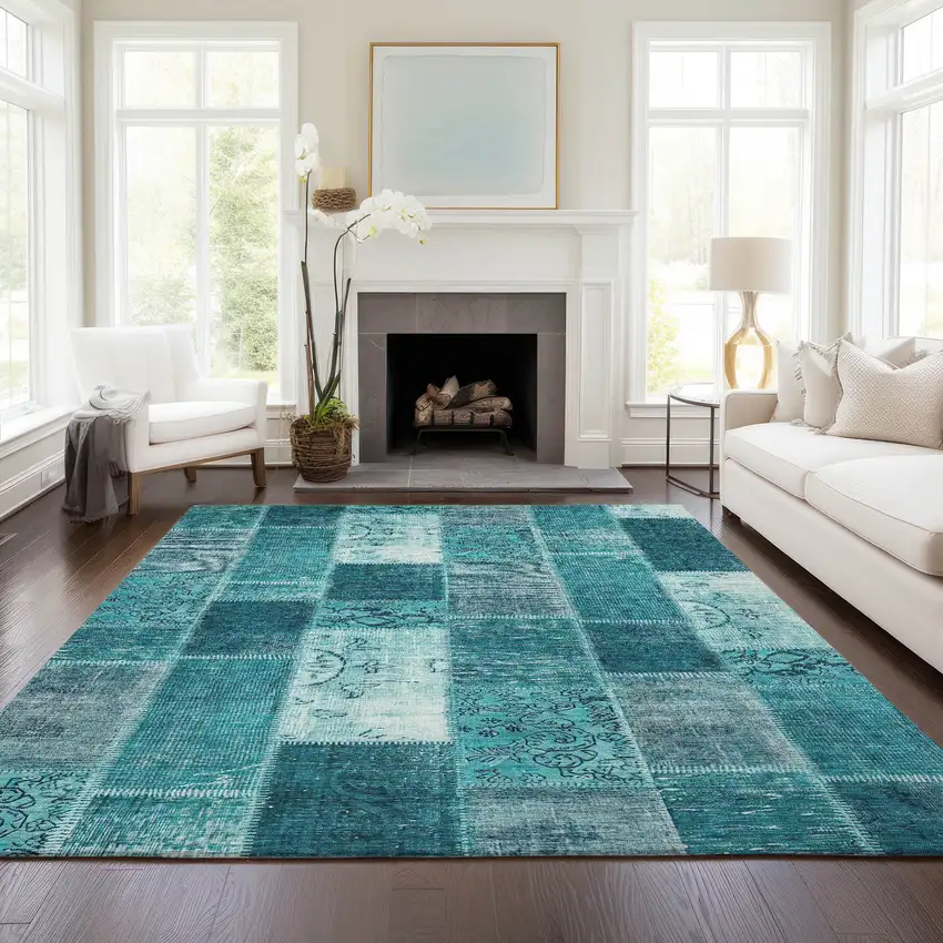 Teal Blue Aqua And Turquoise Patchwork Washable Indoor Outdoor Area Rug Photo 7