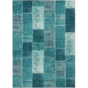 Photo of Teal Blue Aqua And Turquoise Patchwork Washable Indoor Outdoor Area Rug