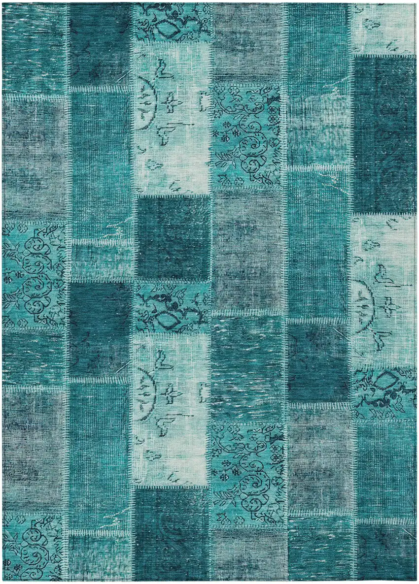 Teal Blue Aqua And Turquoise Patchwork Washable Indoor Outdoor Area Rug Photo 1