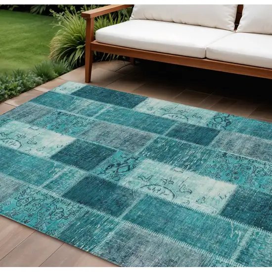 Teal Blue Aqua And Turquoise Patchwork Washable Indoor Outdoor Area Rug Photo 1