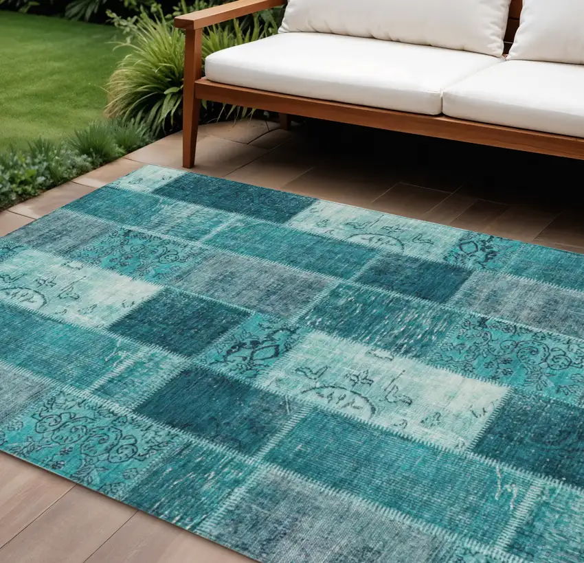 Teal Blue Aqua And Turquoise Patchwork Washable Indoor Outdoor Area Rug Photo 1