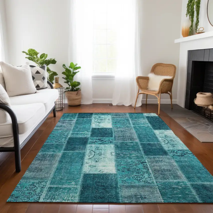 Teal Blue Aqua And Turquoise Patchwork Washable Indoor Outdoor Area Rug Photo 8