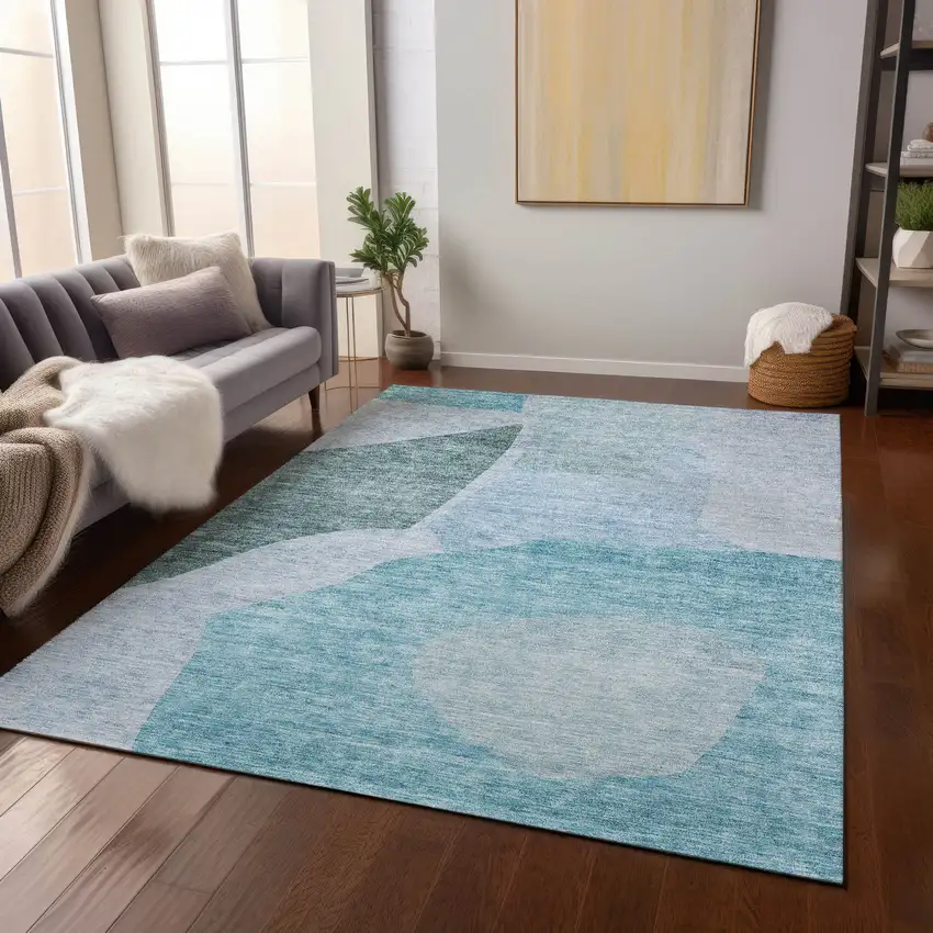 Teal Blue Artichoke Green And Blue Abstract Washable Indoor Outdoor Area Rug Photo 8